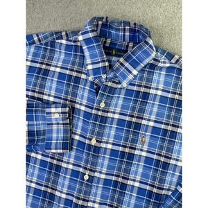 Ralph Lauren Plaid Oxford Shirt Mens Large Button Blue White Flesh Pony Preppy